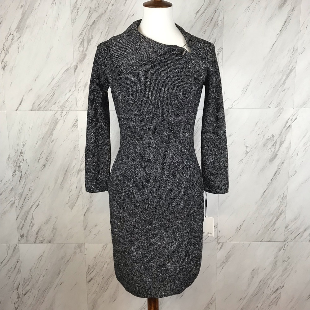Calvin Klein Sweater Dress Metallic Lurex Pin Sheath Black Silver S Holiday Glam